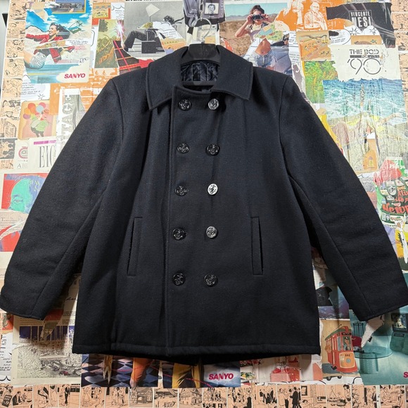 Vintage Wool Pea Coat Jacket Military Style Anchor Buttons Black Winter Large - Picture 1 of 11